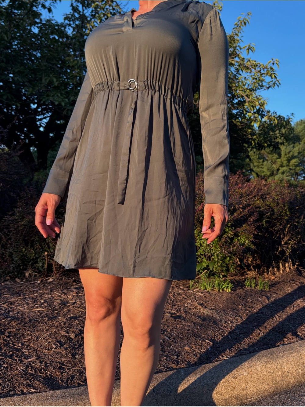 Long-Sleeve Olive Green Belted Mini Dress - Women